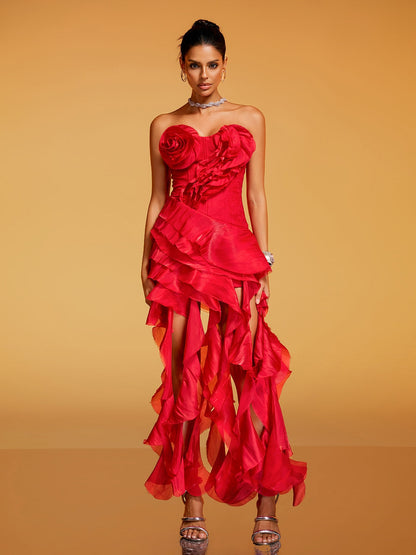 Rosstef Strapless Flower Ruffle Midi Dress