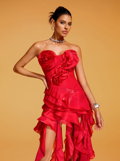 Rosstef Strapless Flower Ruffle Midi Dress