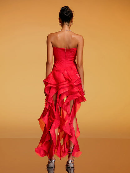 Rosstef Strapless Flower Ruffle Midi Dress