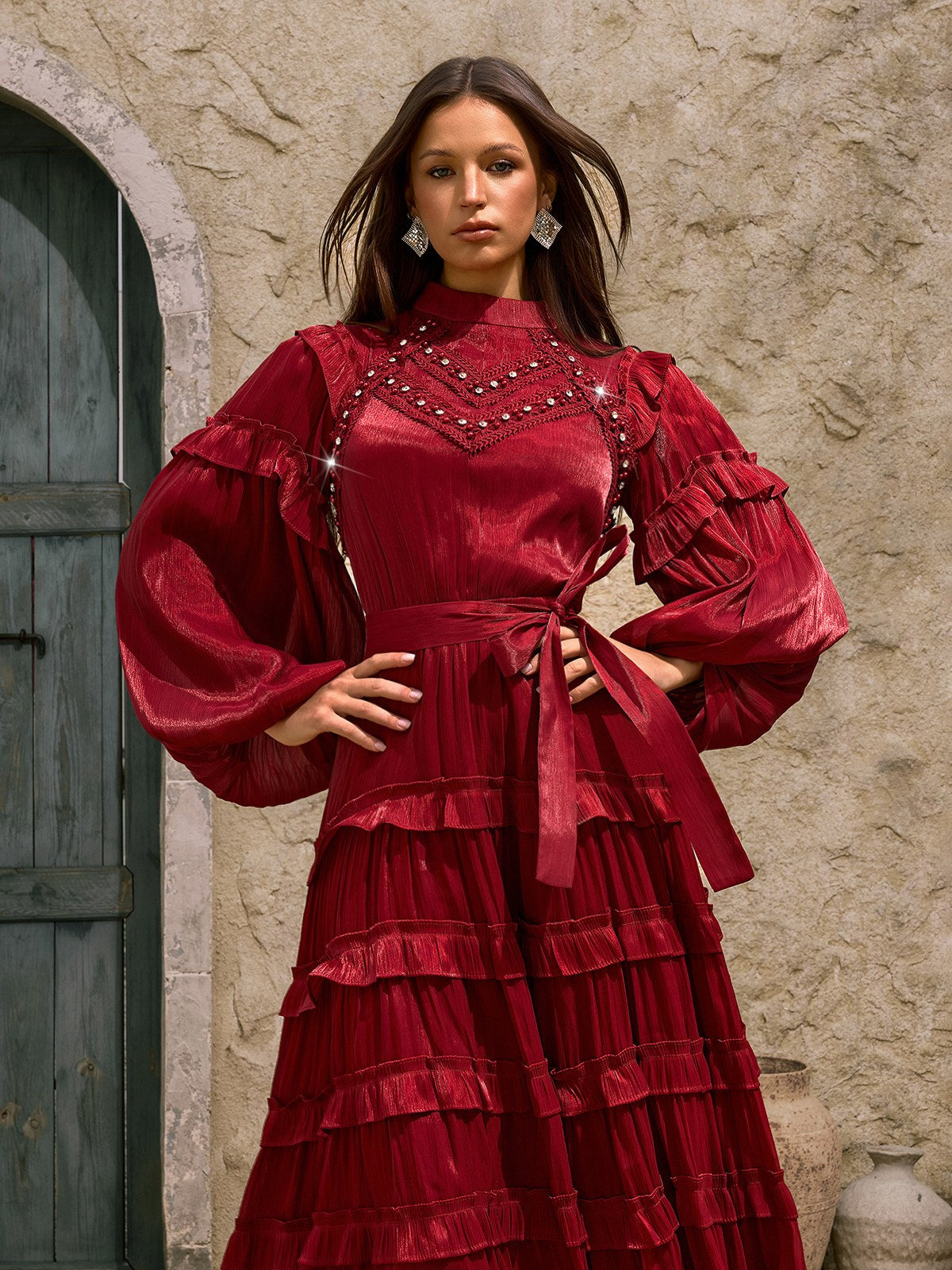 Rosstef Balon Kol Ruffle Tiered Midi GİYİM
