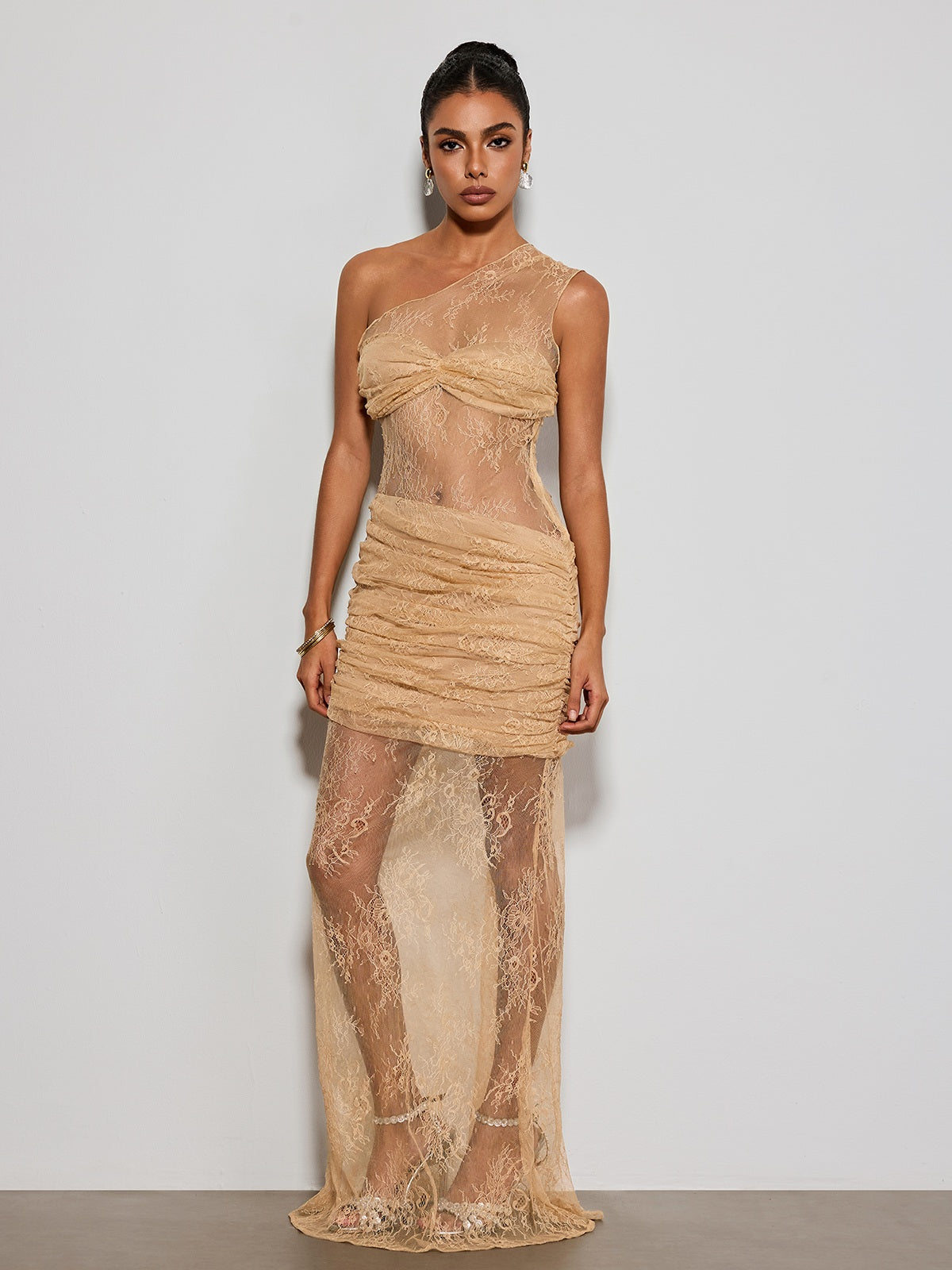 Deylor One Shoulder Lace Ruched Maxi Dress