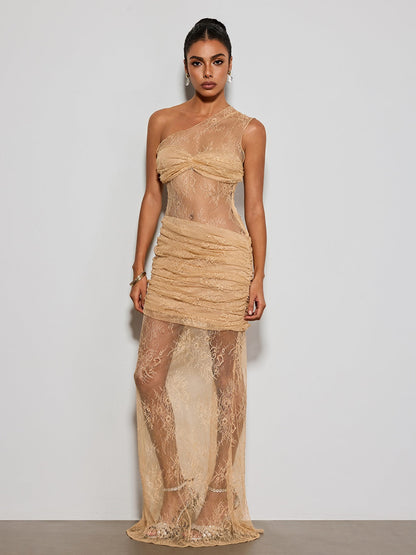 Deylor One Shoulder Lace Ruched Maxi Dress