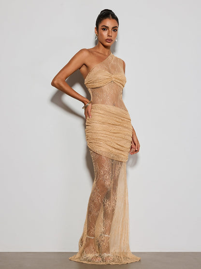 Deylor One Shoulder Lace Ruched Maxi Dress