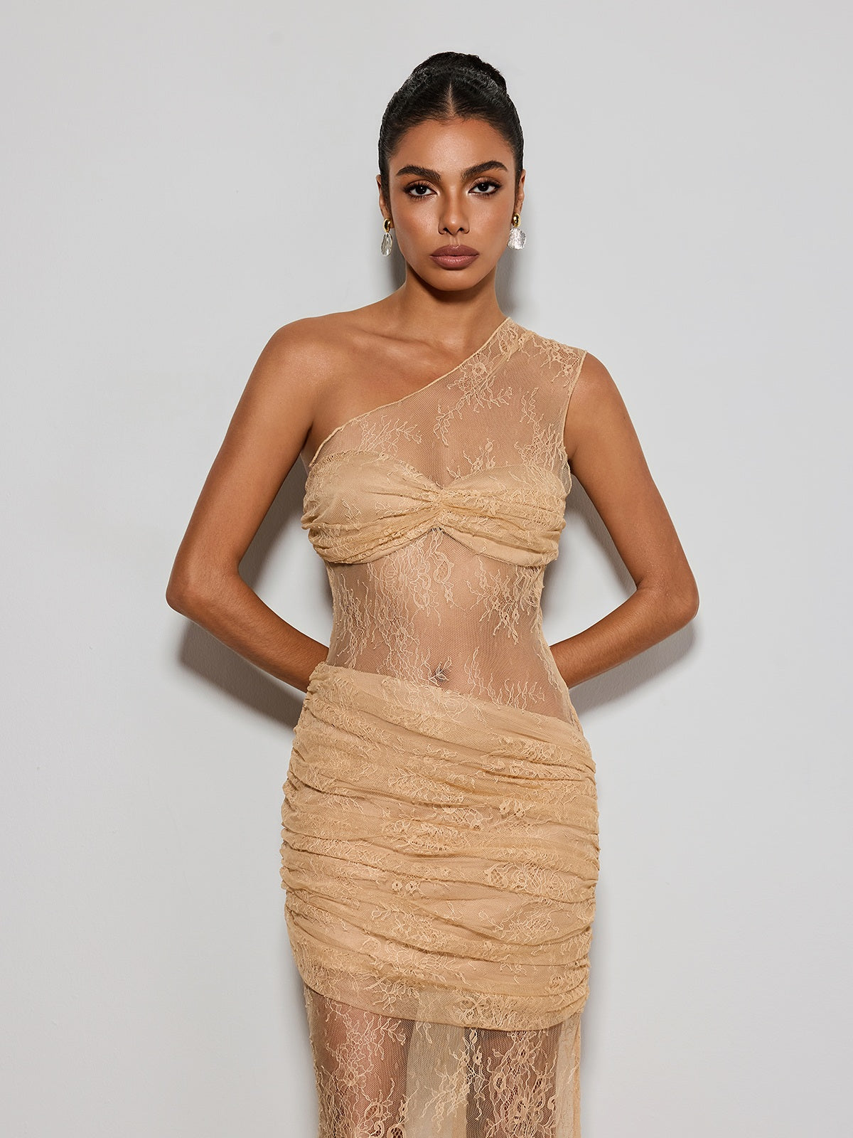 Deylor One Shoulder Lace Ruched Maxi Dress