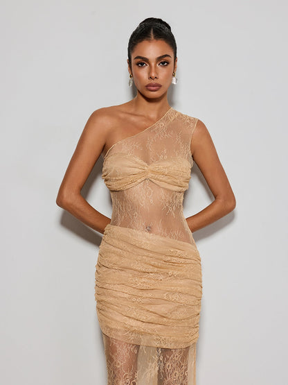 Deylor One Shoulder Lace Ruched Maxi Dress