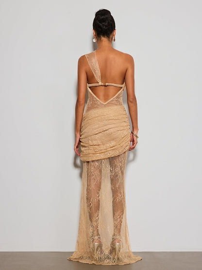 Deylor One Shoulder Lace Ruched Maxi Dress