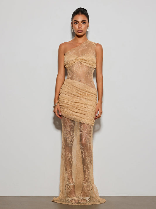Deylor One Shoulder Lace Ruched Maxi Dress