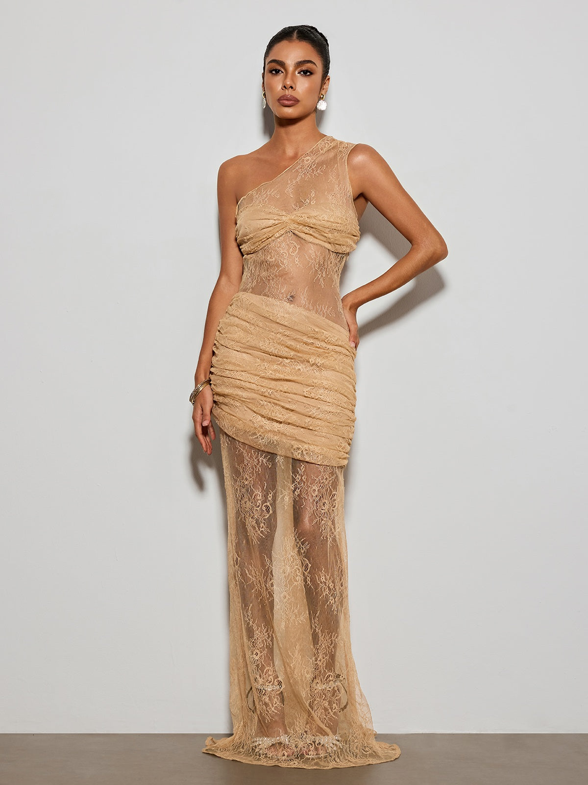 Deylor One Shoulder Lace Ruched Maxi Dress