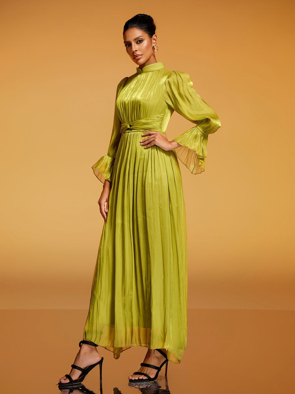 Dhavala Flare Sleeve Maxi Dress In Chartreuse