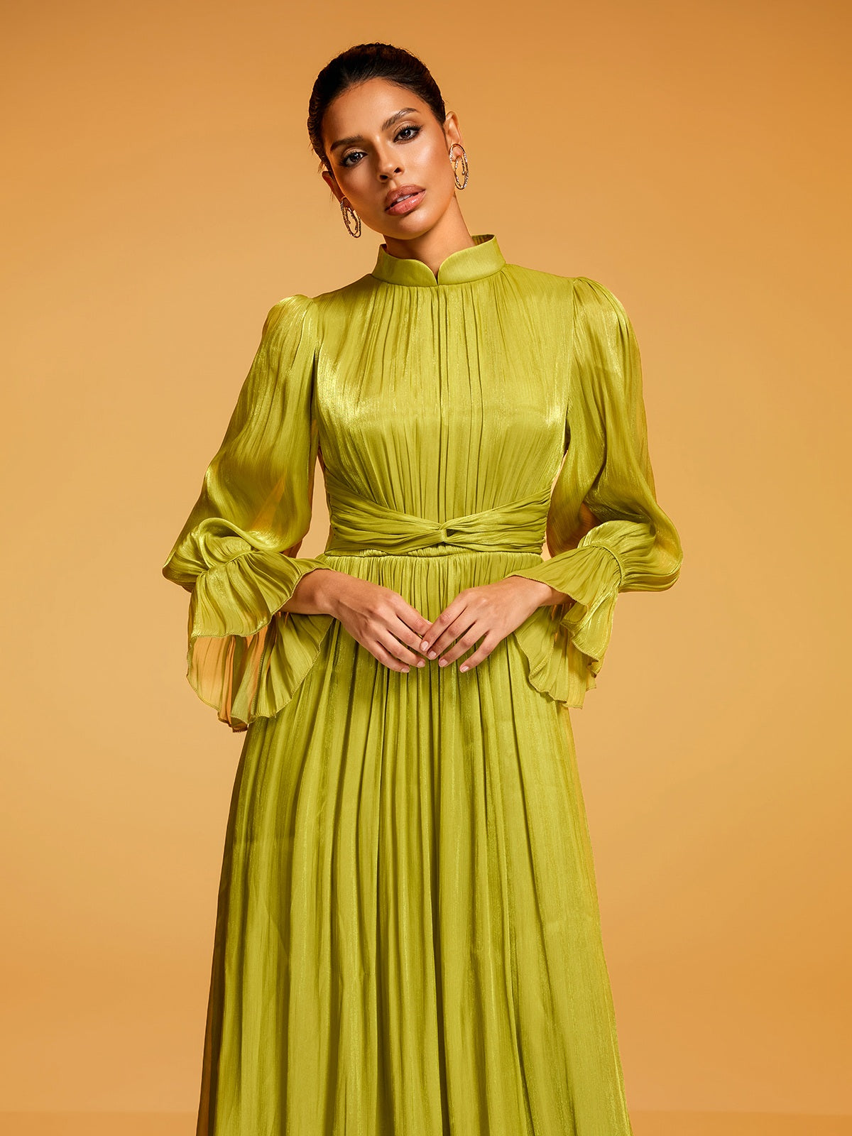 Dhavala Flare Sleeve Maxi Dress In Chartreuse
