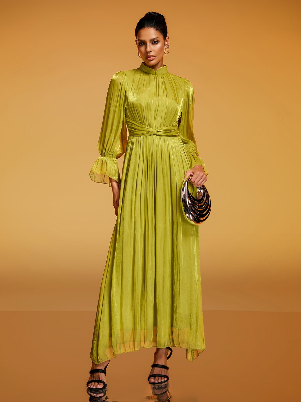 Dhavala Flare Sleeve Maxi Dress In Chartreuse