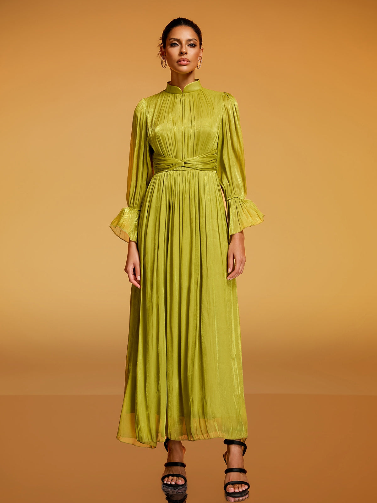 Dhavala Flare Sleeve Maxi Dress In Chartreuse