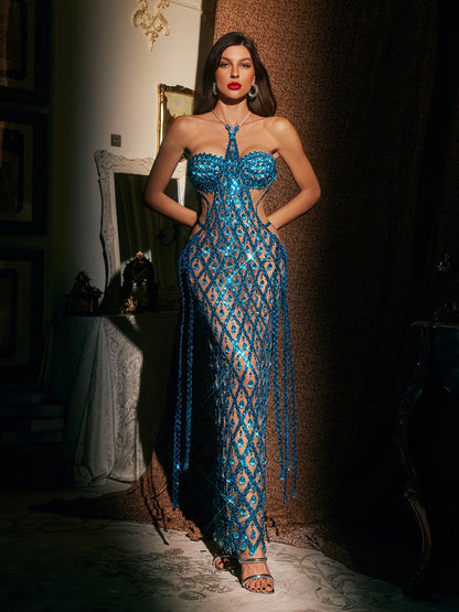 Diego Halterneck Embellished Mesh Maxi Dress In Blue