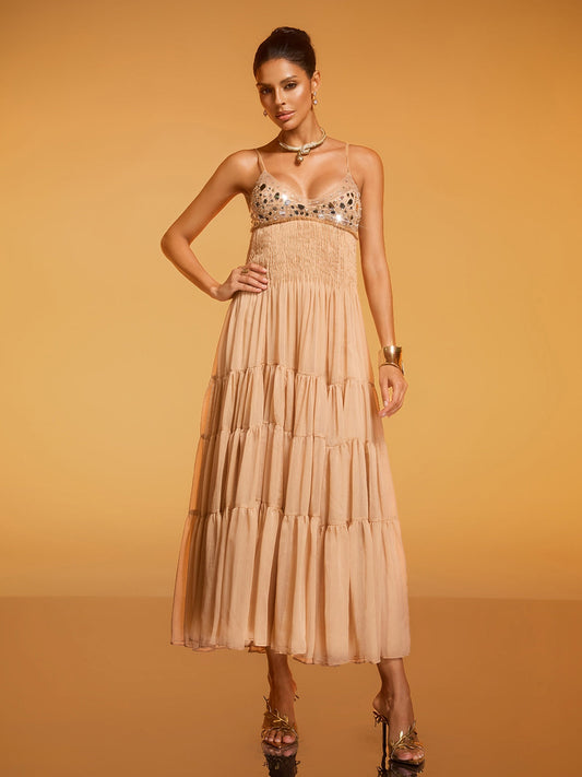 Rosstef Divna Spaghetti Pleated Rhinestone Dress