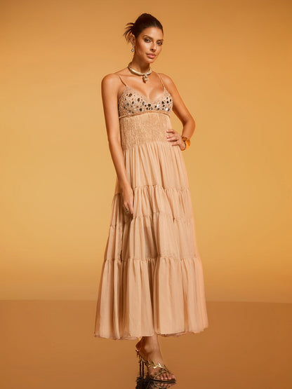 Rosstef Divna Spaghetti Pleated Rhinestone Dress