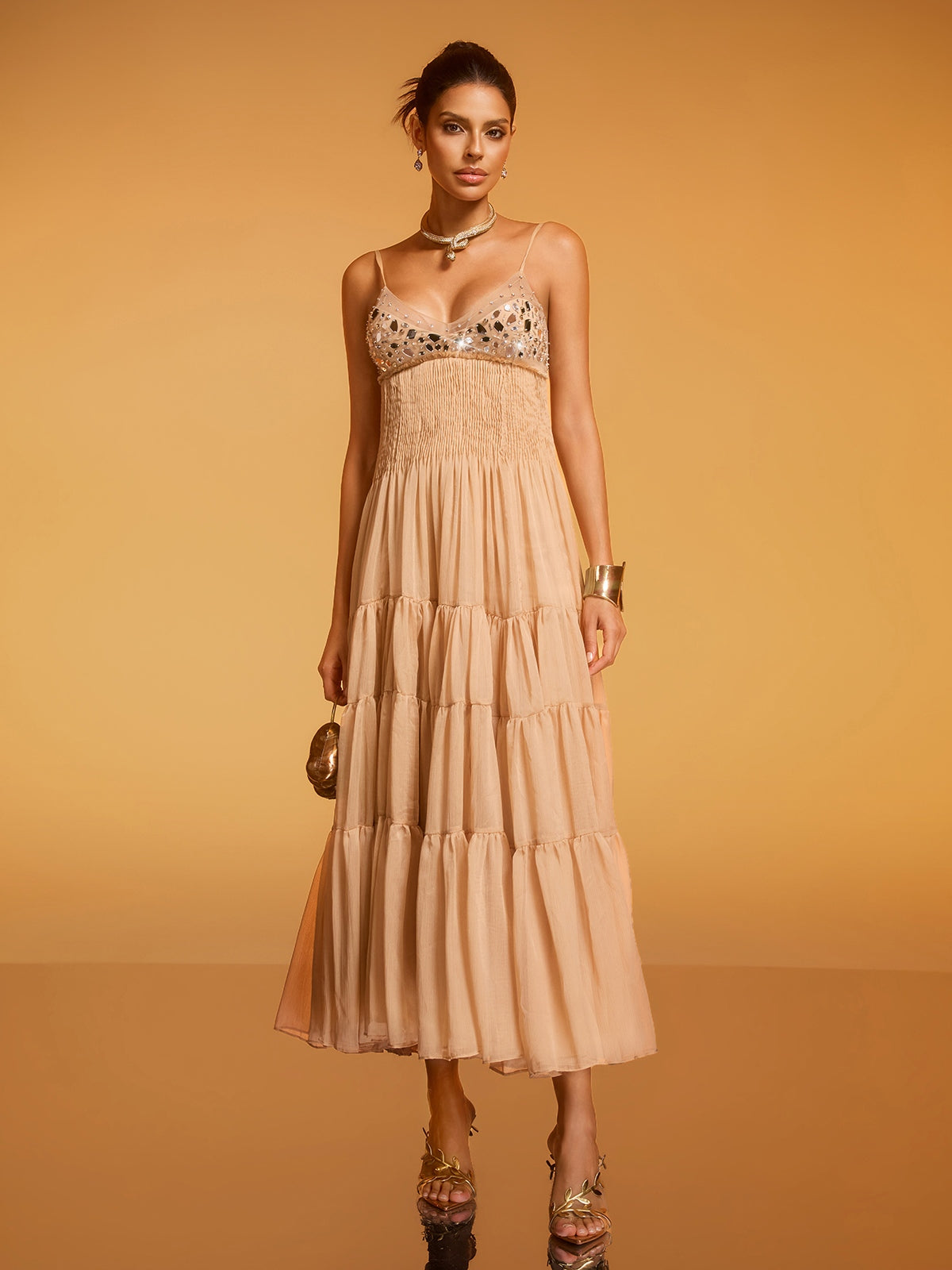 Rosstef Divna Spaghetti Pleated Rhinestone Dress