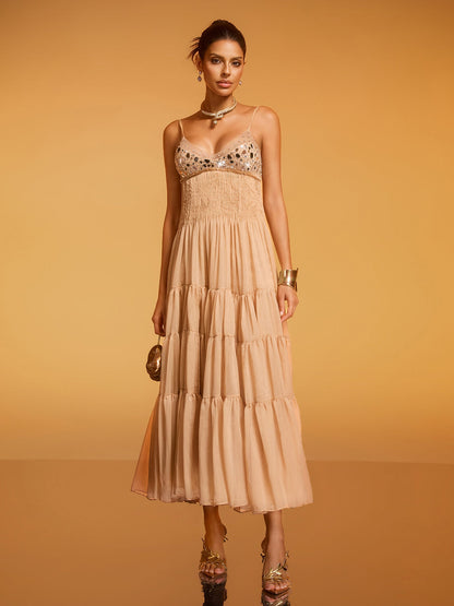 Rosstef Divna Spaghetti Pleated Rhinestone Dress