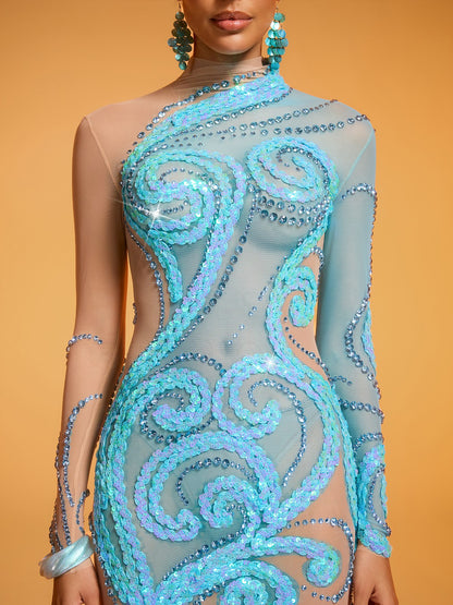 Rosstef Diwata Crystal Sequin Mesh Mini Dress