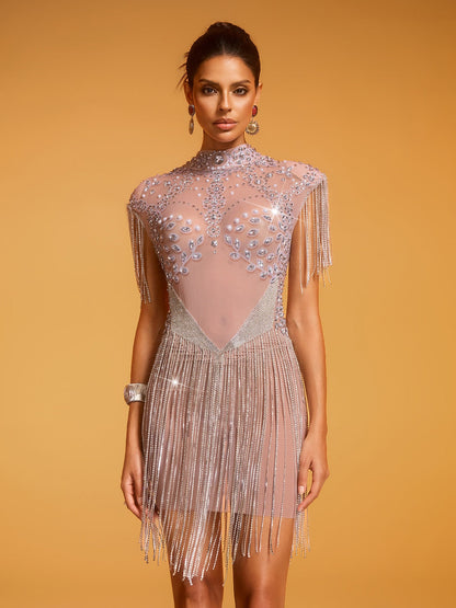 Rosstef Doli Pearl Rhinestone Fringe Mesh Gown