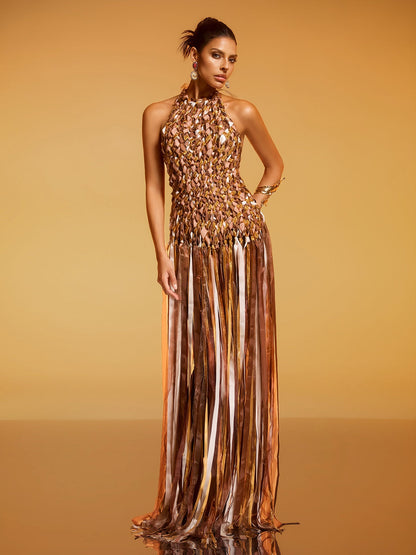 Domna Halterneck Woven Maxi Dress In Brown