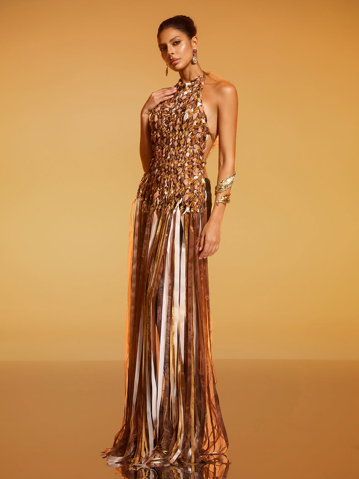Domna Halterneck Woven Maxi Dress In Brown