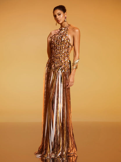 Domna Halterneck Woven Maxi Dress In Brown