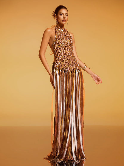 Domna Halterneck Woven Maxi Dress In Brown