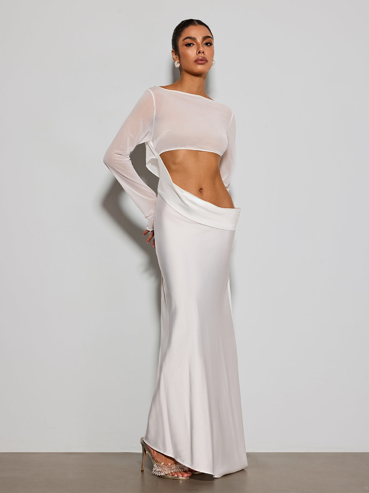 Donata Long Sleeve Cutout Satin Maxi Dress