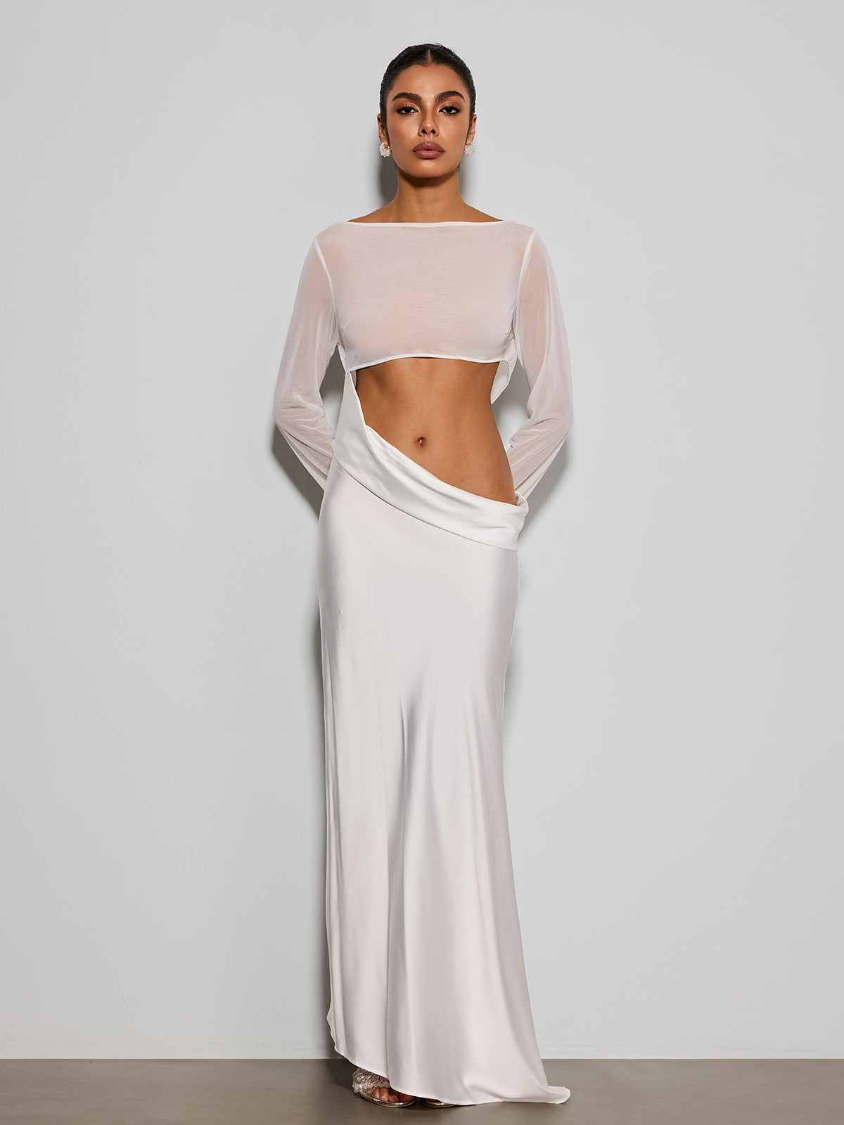 Donata Long Sleeve Cutout Satin Maxi Dress