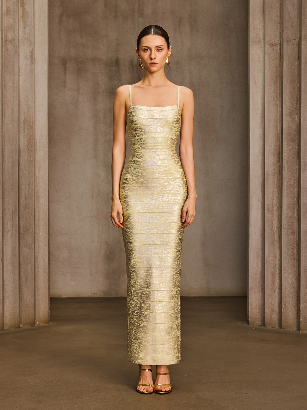 Donyelle Spaghetti Bandage Bodycon Maxi Dress In Gold