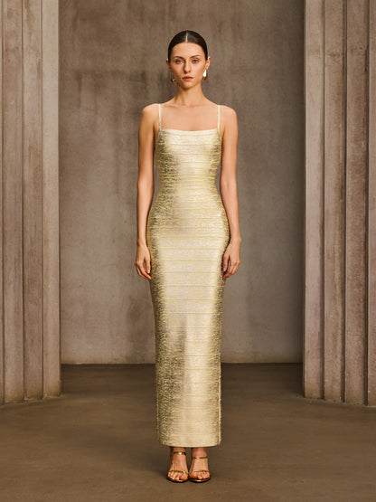 Donyelle Spaghetti Bandage Bodycon Maxi Dress In Gold
