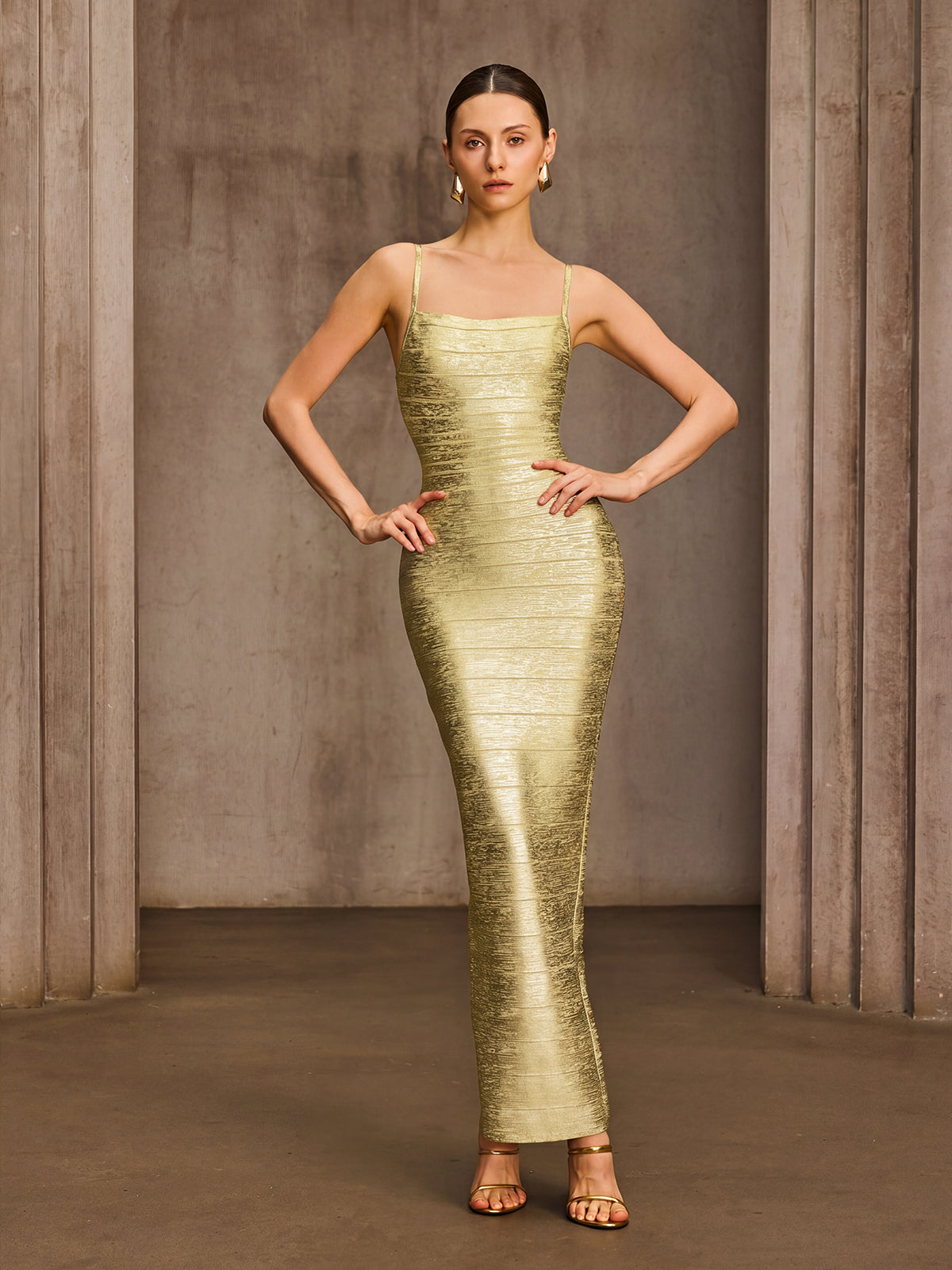 Donyelle Spaghetti Bandage Bodycon Maxi Dress In Gold
