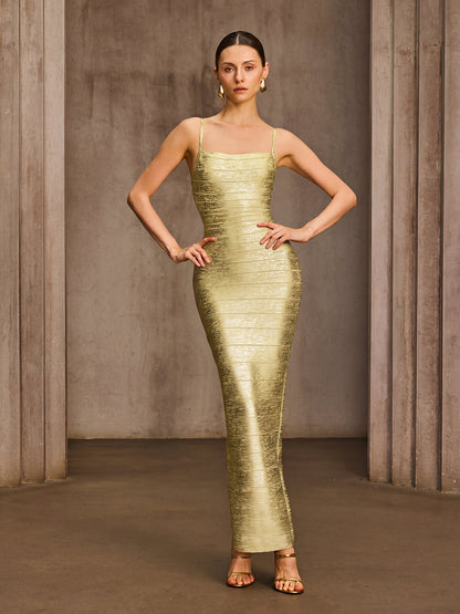 Donyelle Spaghetti Bandage Bodycon Maxi Dress In Gold