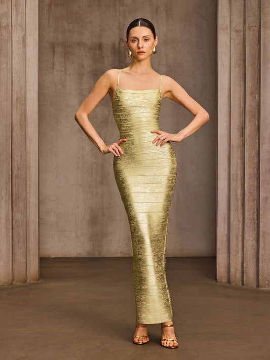 Rosstef Altın Spaghetti Bandajlı Bodycon Maxi Giyinme