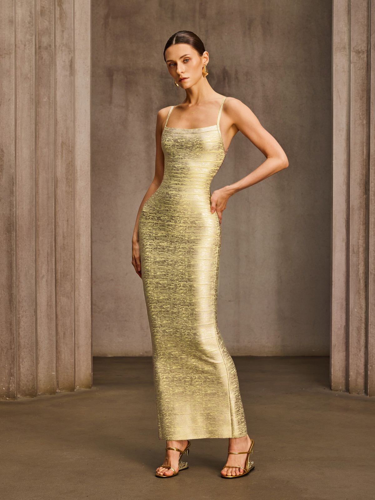 Donyelle Spaghetti Bandage Bodycon Maxi Dress In Gold