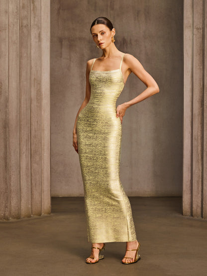 Donyelle Spaghetti Bandage Bodycon Maxi Dress In Gold
