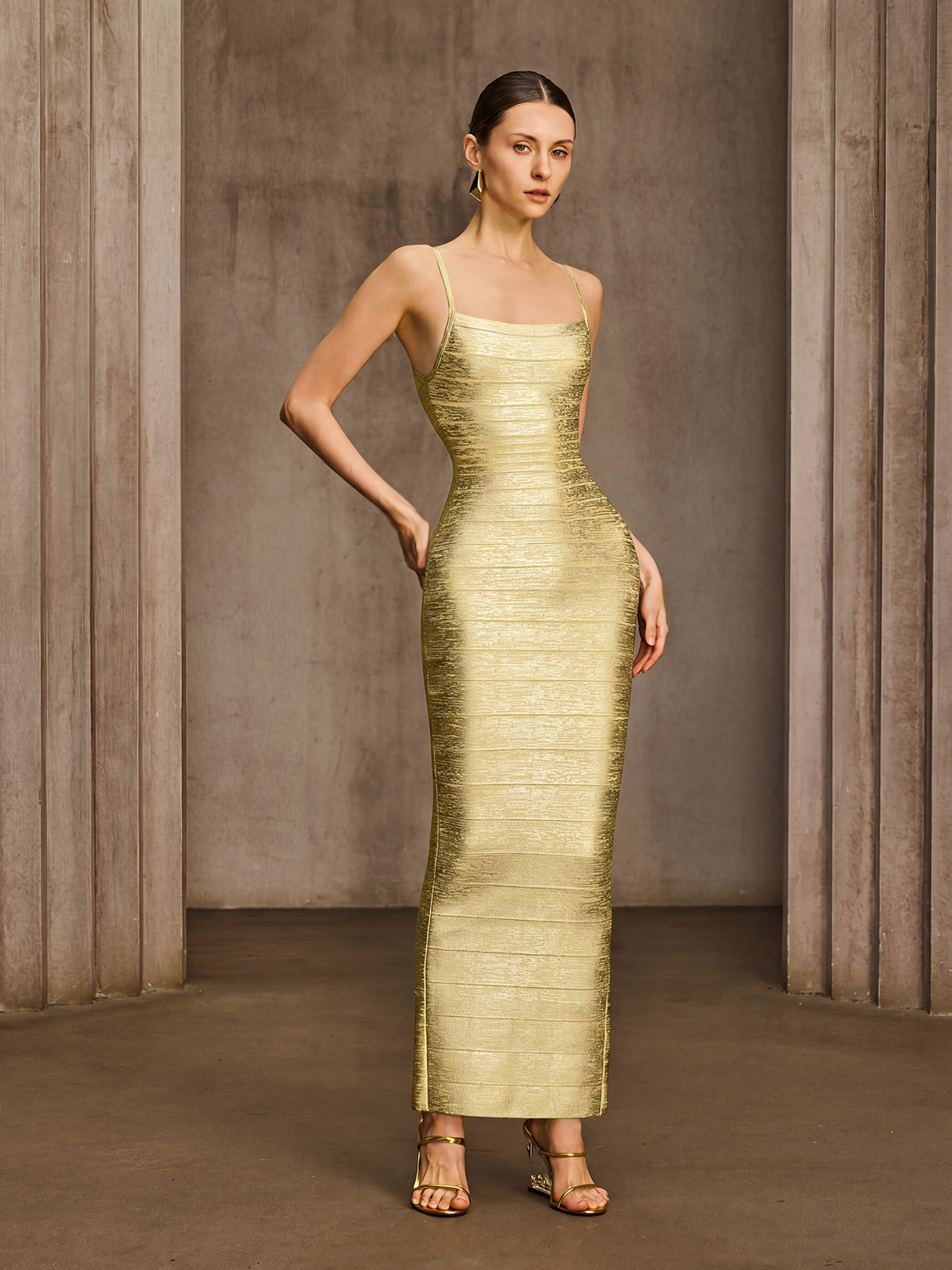 Donyelle Spaghetti Bandage Bodycon Maxi Dress In Gold