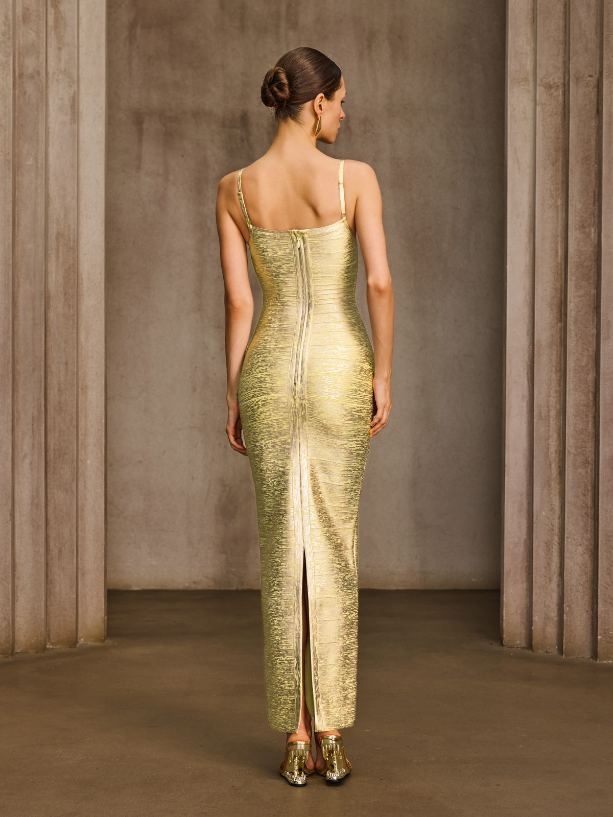 Donyelle Spaghetti Bandage Bodycon Maxi Dress In Gold