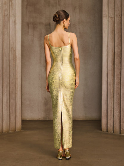 Donyelle Spaghetti Bandage Bodycon Maxi Dress In Gold