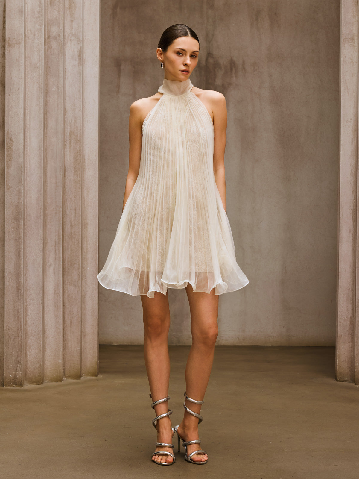 Rosstef Lace Pleated Flare Mini Dress
