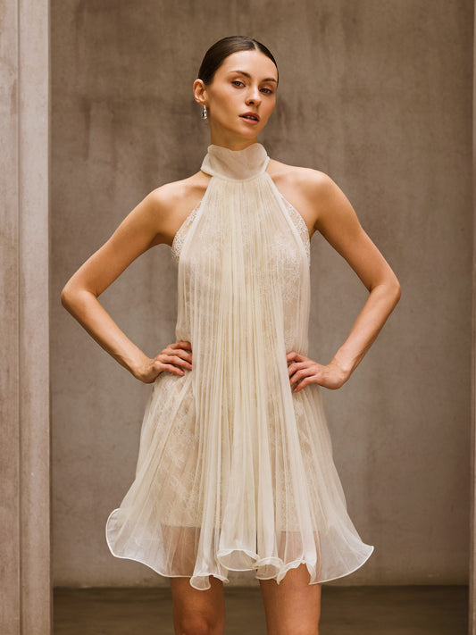 Rosstef Lace Pleated Flare Mini Dress