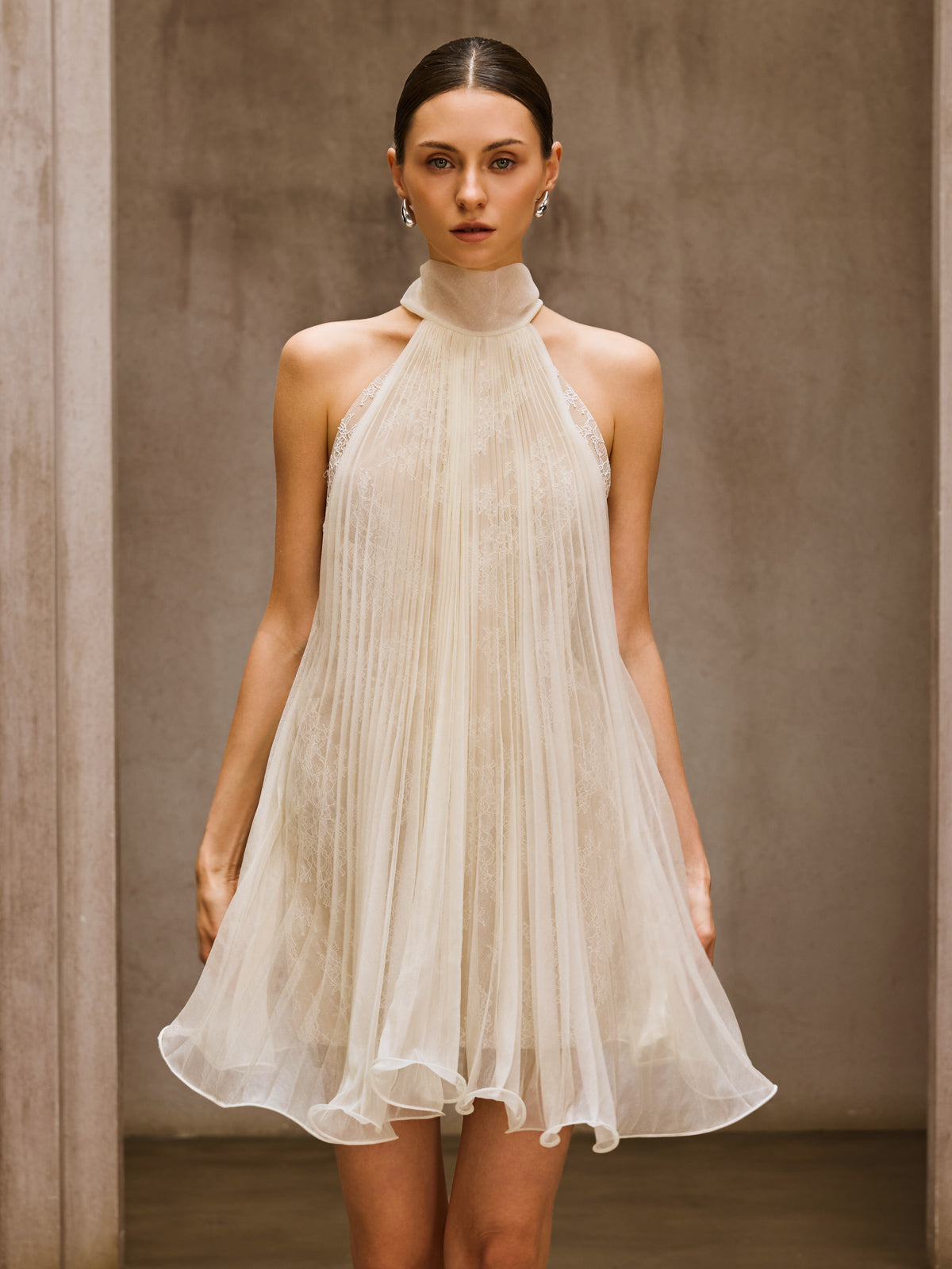 Rosstef Lace Pleated Flare Mini Dress