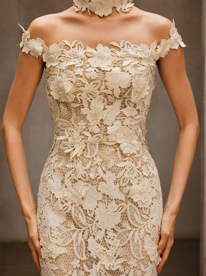 Dorona Flower Embroidered Maxi Dress In Beige