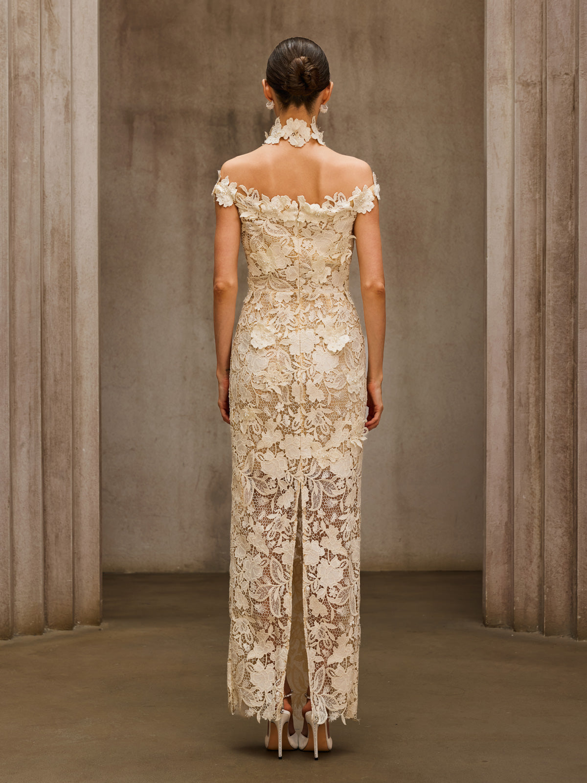Dorona Flower Embroidered Maxi Dress In Beige