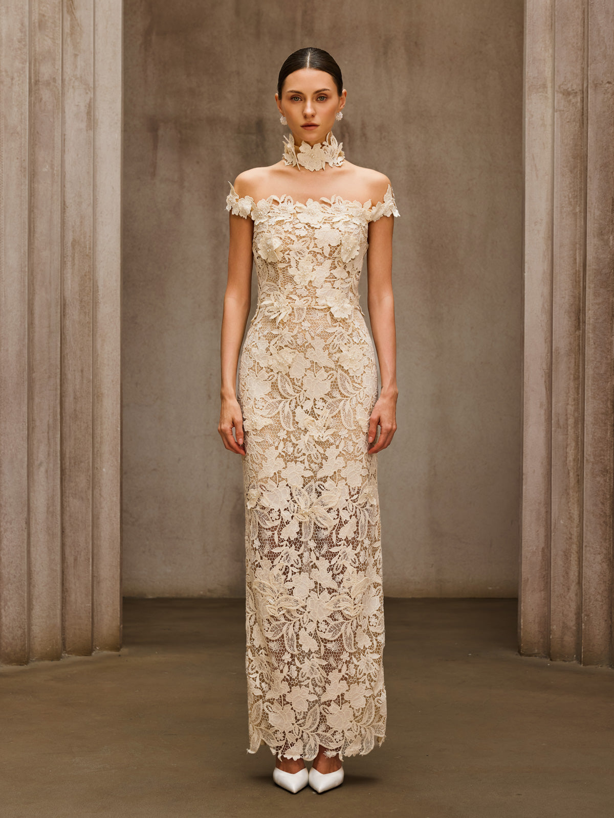 Dorona Flower Embroidered Maxi Dress In Beige