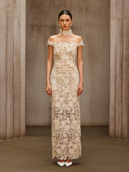 Dorona Flower Embroidered Maxi Dress In Beige