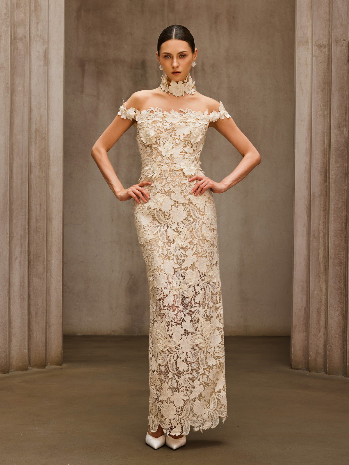 Dorona Flower Embroidered Maxi Dress In Beige