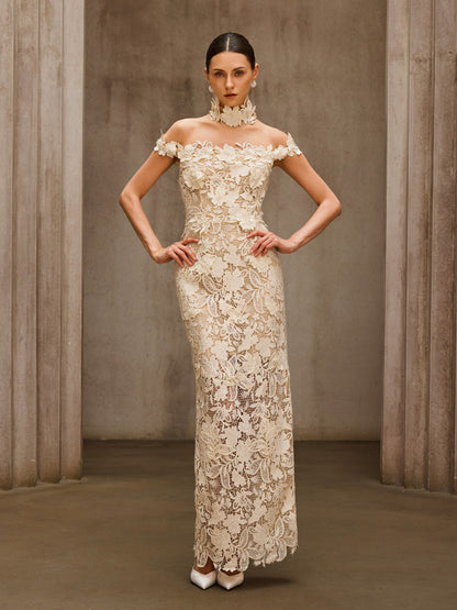 Dorona Flower Embroidered Maxi Dress In Beige