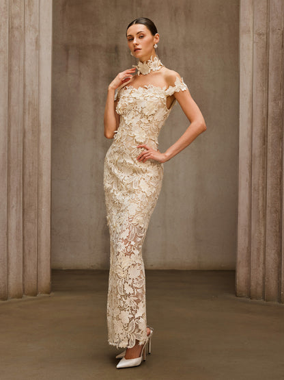 Dorona Flower Embroidered Maxi Dress In Beige