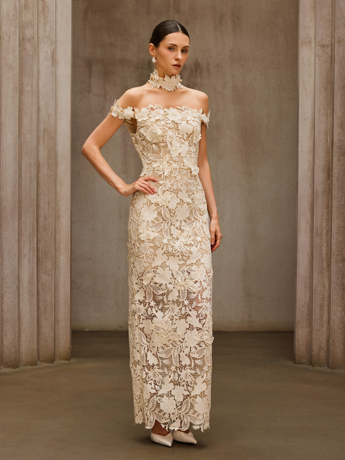 Dorona Flower Embroidered Maxi Dress In Beige